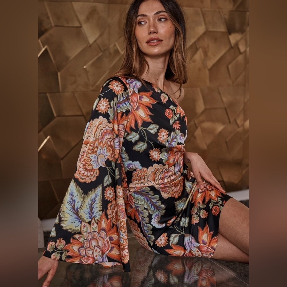 Misa Los Angeles One-Shoulder Satin Boho Print Mini Dress- In MINT GREEN!!